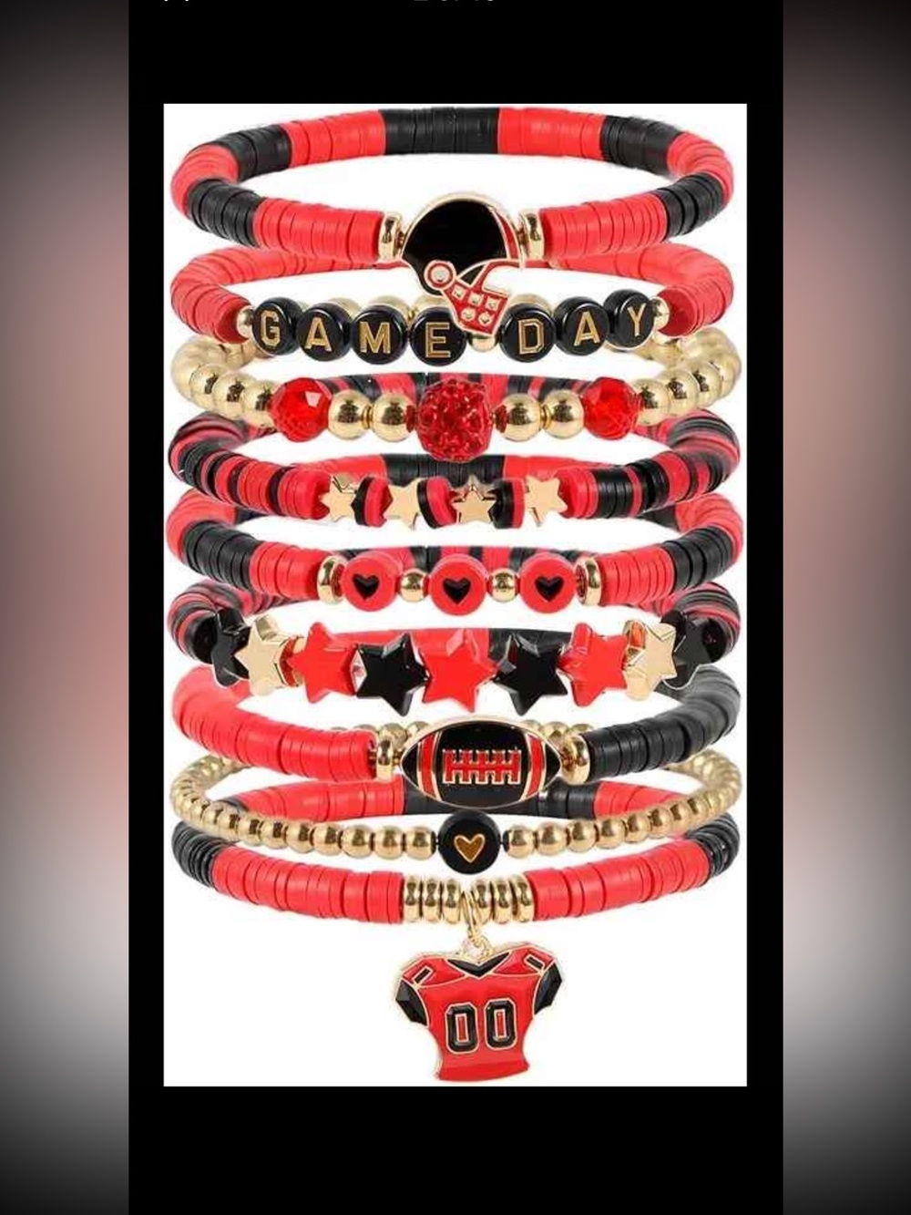 Game Day Red & Black Football Charm Bracelet Stack-8pc set